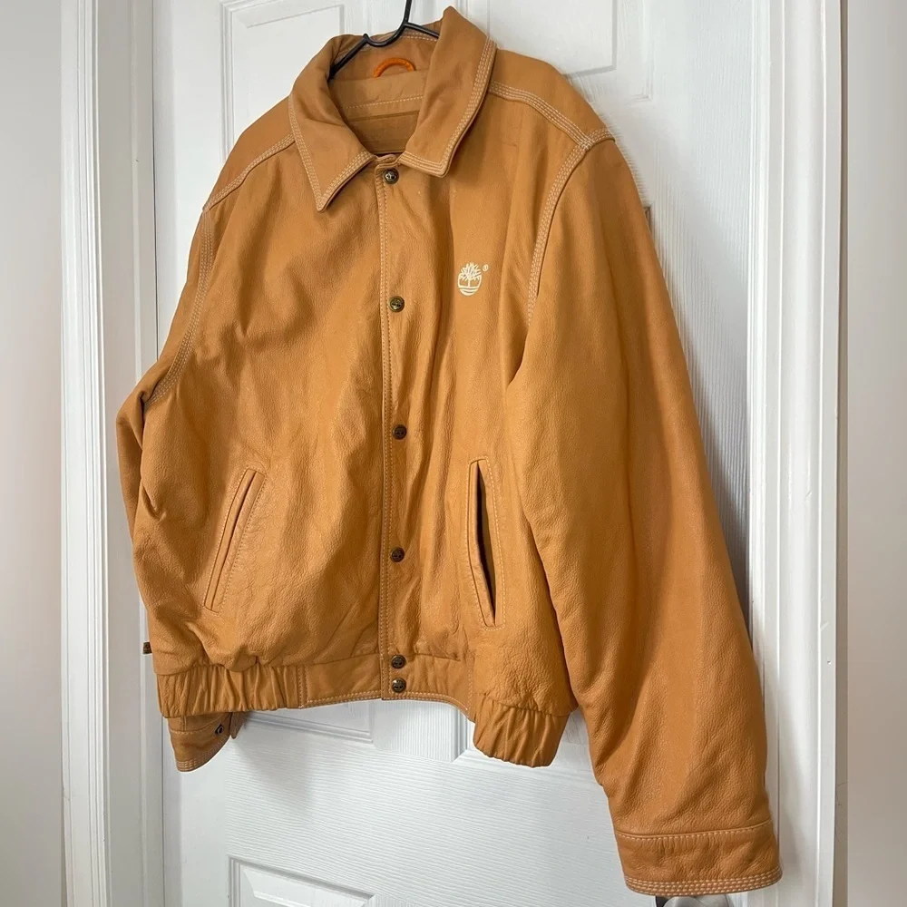 Timberland Tan Leather Vintage Logo Bomber Jacket XXL